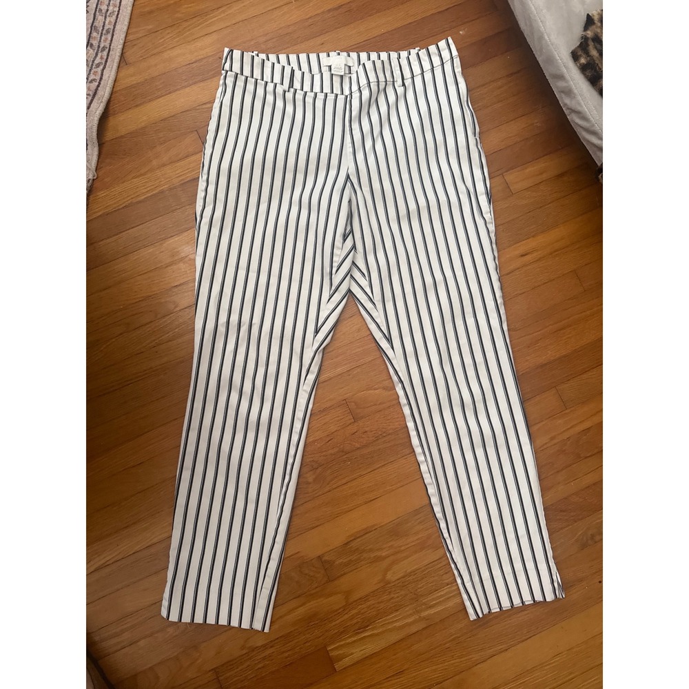 HM Striped Ankle Pants Womens 10 White Navy Blue Slim Leg Trousers 05737169